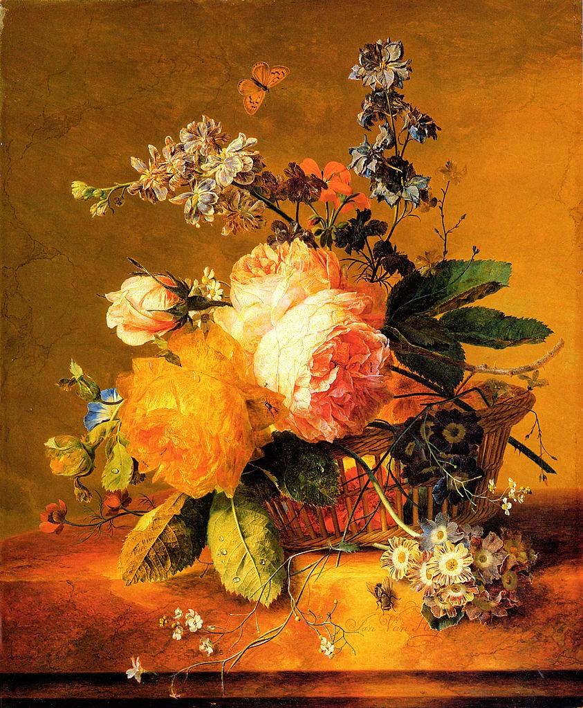 Jan van Huijsum - Rose e altri fiori in un cesto di vimini su un ripiano in marmo